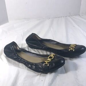 Tahari Women’s Soft Black Leather Pull On Ballet Flats with Gold Accent Hardware